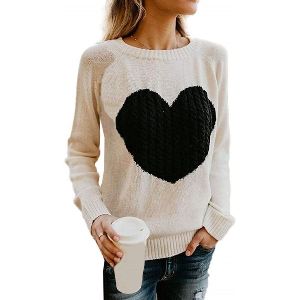 Women's Heart Knitted Pullover Sweater Long Sleeve Crewneck Casual